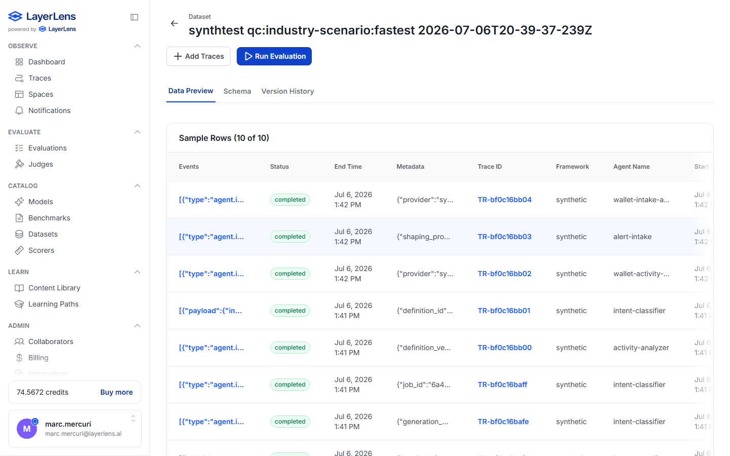 A dataset detail page showing sample rows with status, trace IDs, framework, and agent names