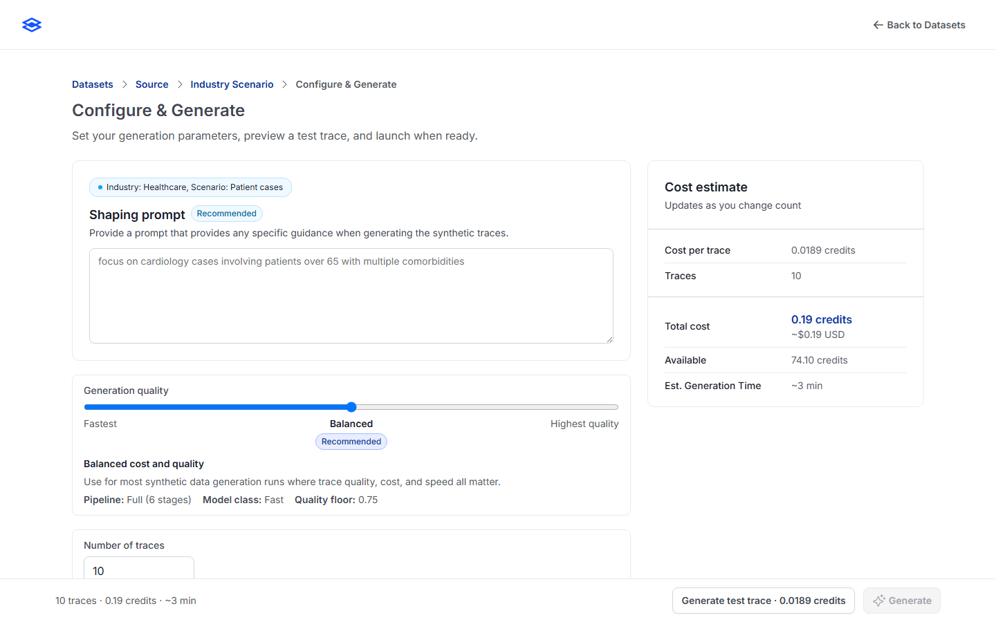 The Configure and Generate step: shaping prompt, generation quality, number of traces, and the live cost estimate