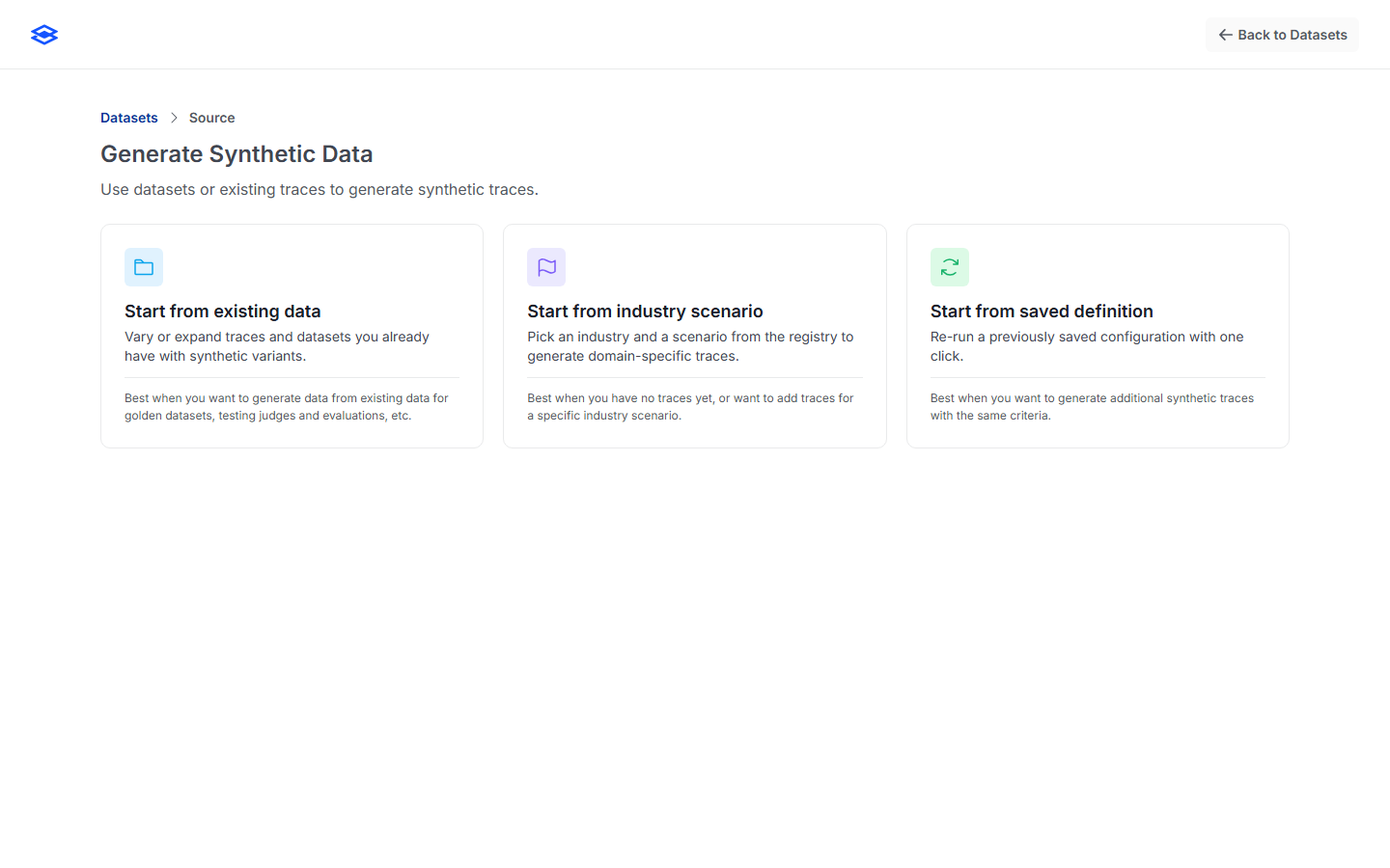 The synthetic source picker with three cards: start from existing data, industry scenario, or saved definition