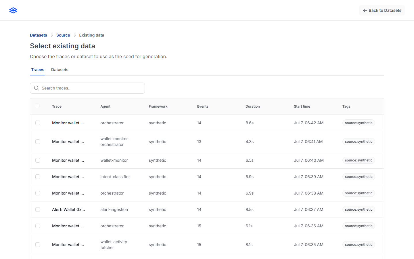 Selecting existing traces or a dataset as the generation seed